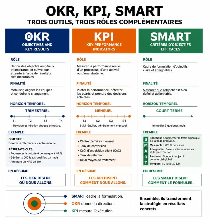 Tableau comparatif entre OKR, KPI et SMART pour le pilotage stratégique