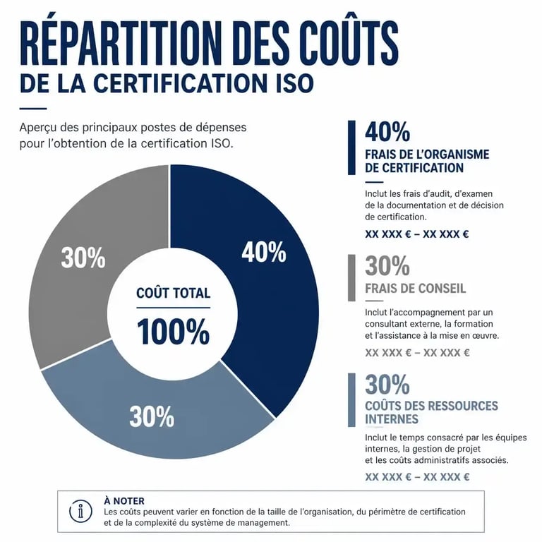 Répartition des coûts d'une certification qualité ISO : frais de certification, consultant et temps interne