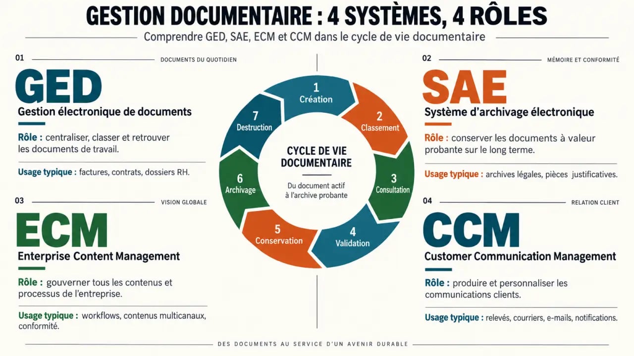 Infographie sur la gestion document entreprise : différences entre GED, SAE, ECM et CCM