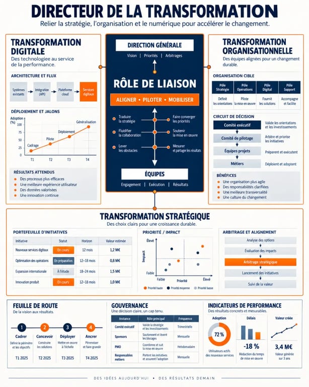 Directeur de la transformation : schéma des trois dimensions du métier et de son rôle transversal