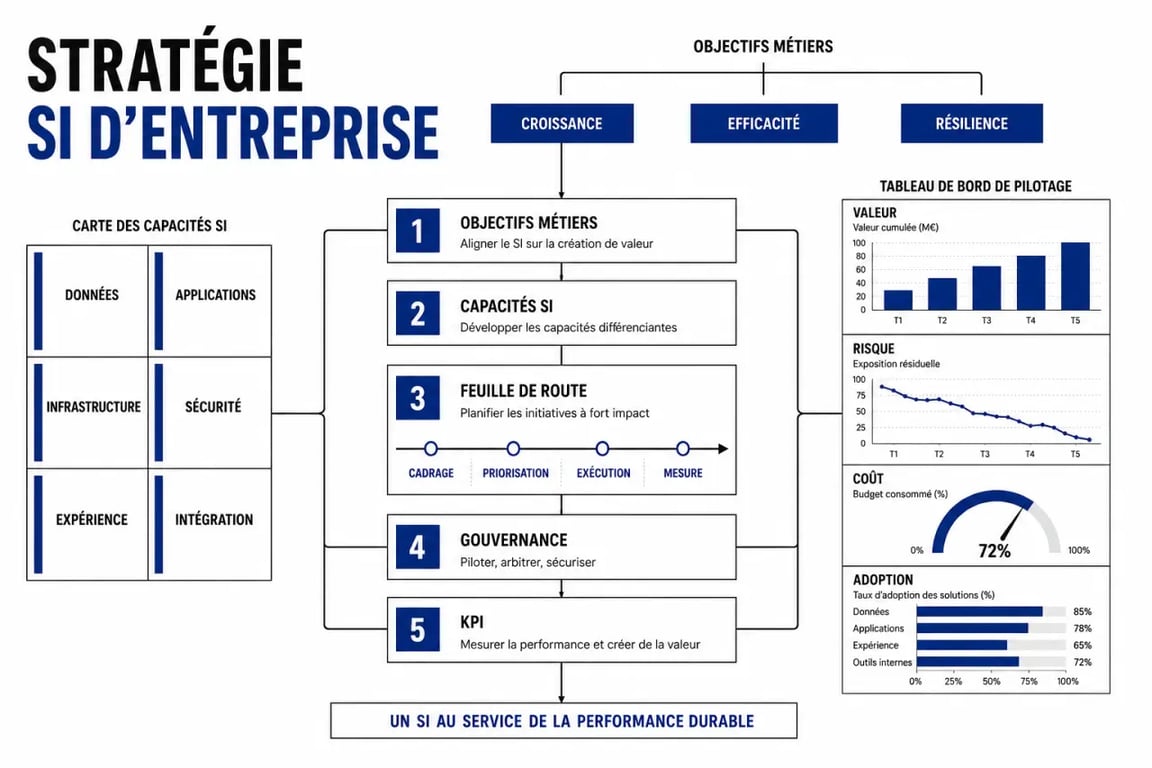 Schéma éditorial d’une stratégie IT reliant objectifs métiers, feuille de route, gouvernance et KPI