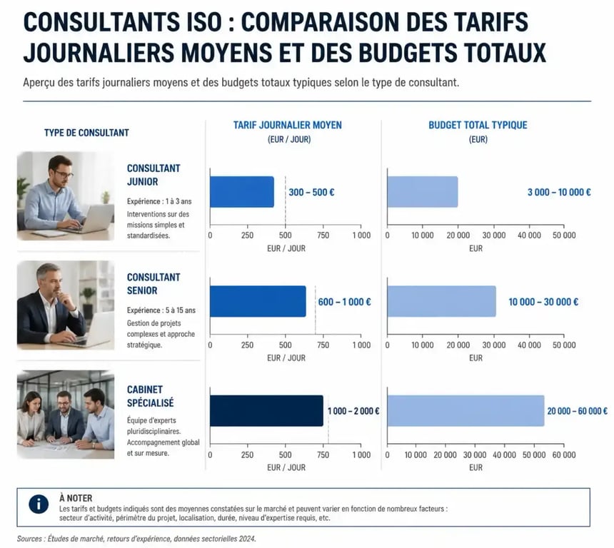 Comparatif des tarifs de consultants pour certification ISO : junior, senior et cabinet spécialisé