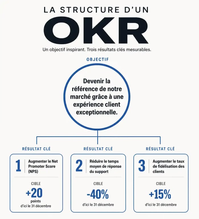 Schéma explicatif de la méthode OKR stratégique 2.0 avec objectif et résultats clés