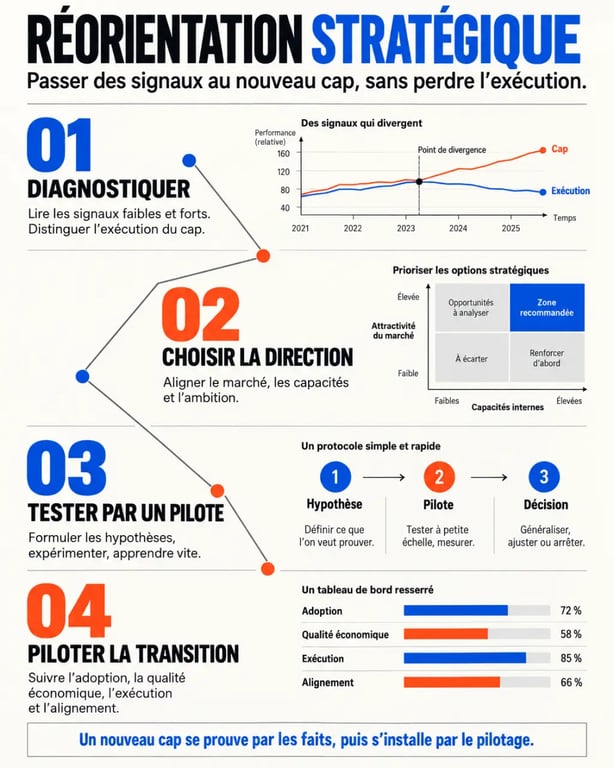 Infographie sur les étapes d'une réorientation stratégique d'entreprise