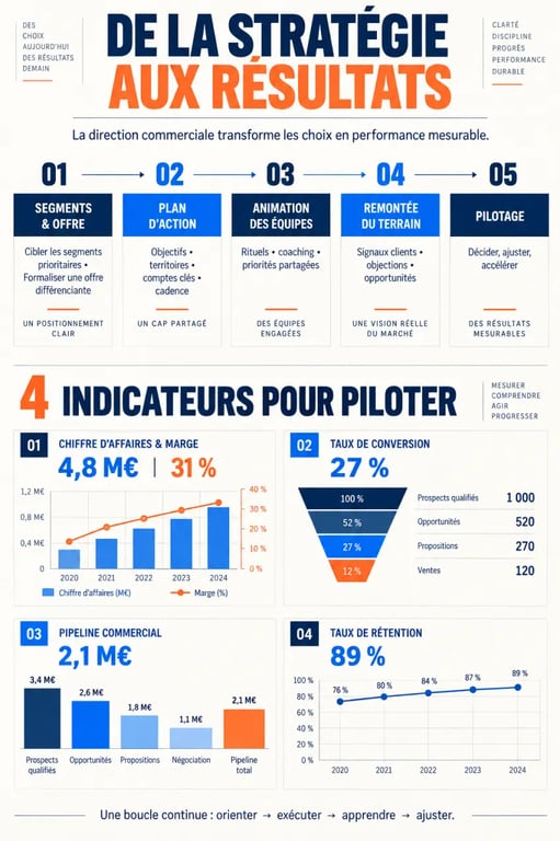 Infographie sur la direction commerciale et ses principaux indicateurs de pilotage