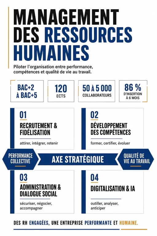 Management des ressources humaines : visuel de synthèse sur missions, métiers et formations