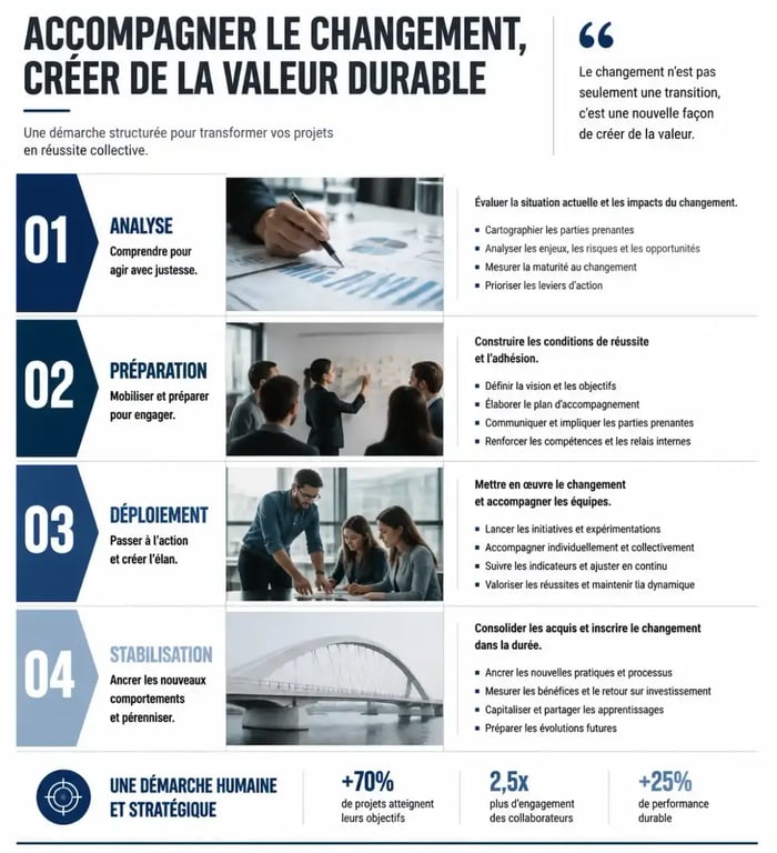Infographie des étapes de l'accompagnement au changement en entreprise