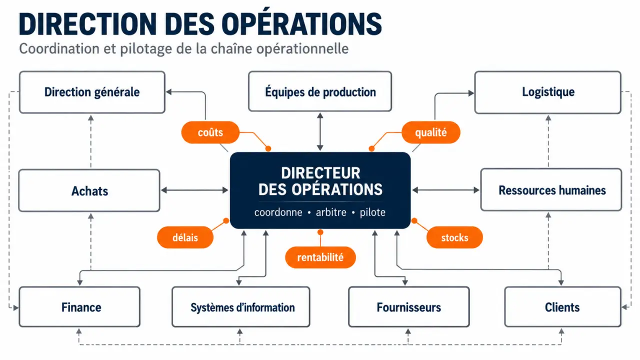 Infographie sur la direction des opérations et ses relations avec la direction générale, les équipes et les indicateurs de performance