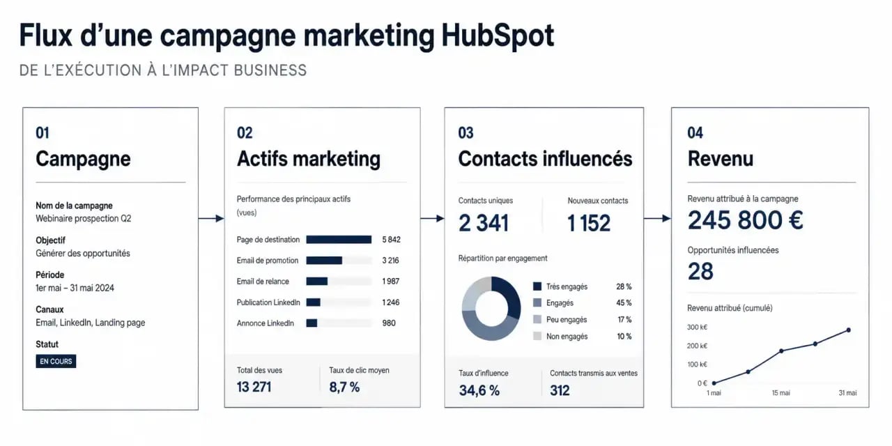 Schéma du flux de gestion de campagnes HubSpot de la campagne au revenu pour le reporting entreprise