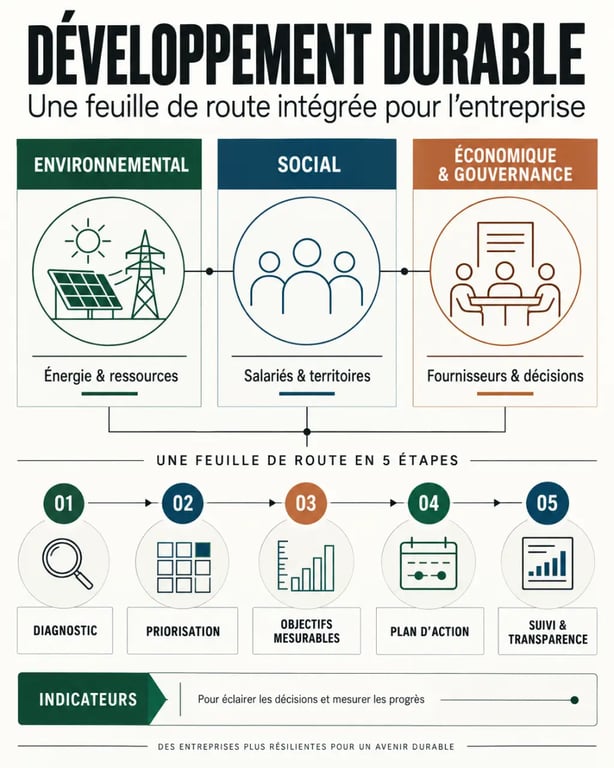 Infographie présentant les trois piliers d’une entreprise de développement durable et les étapes d’une démarche RSE