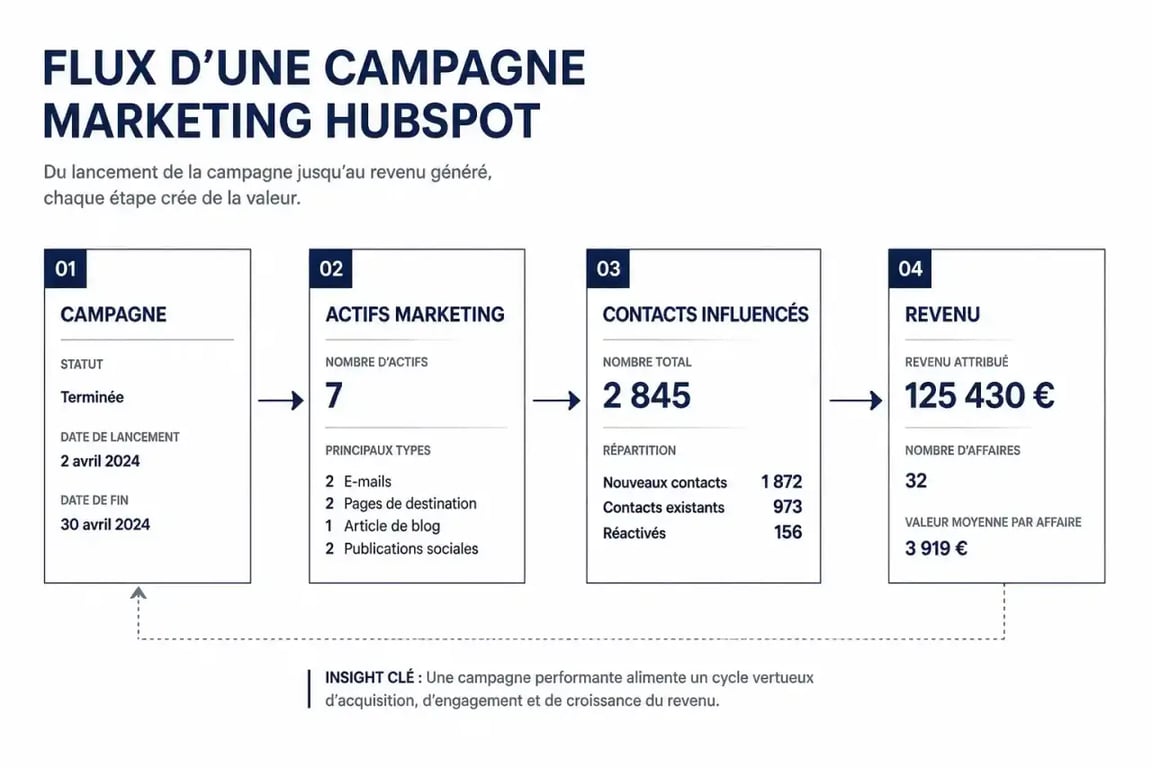 Schéma du flux de gestion de campagnes HubSpot de la campagne au revenu pour le reporting entreprise