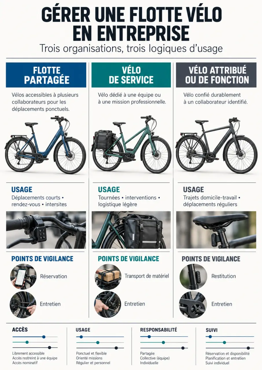 Infographie sur la gestion de flotte vélo en entreprise et les différents usages des vélos