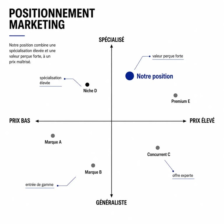 Marketing le positionnement : carte perceptuelle des concurrents sur deux axes