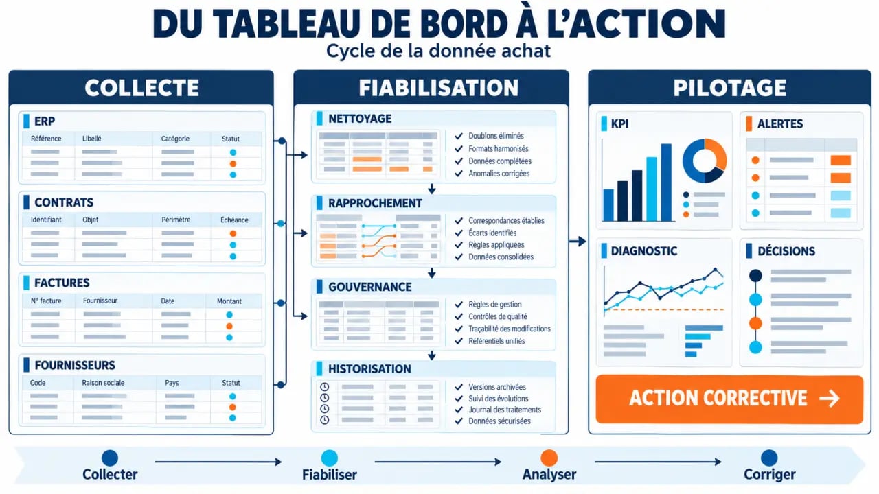 Infographie du cycle de la donnée dans un tableau de bord achat, de la collecte à la décision
