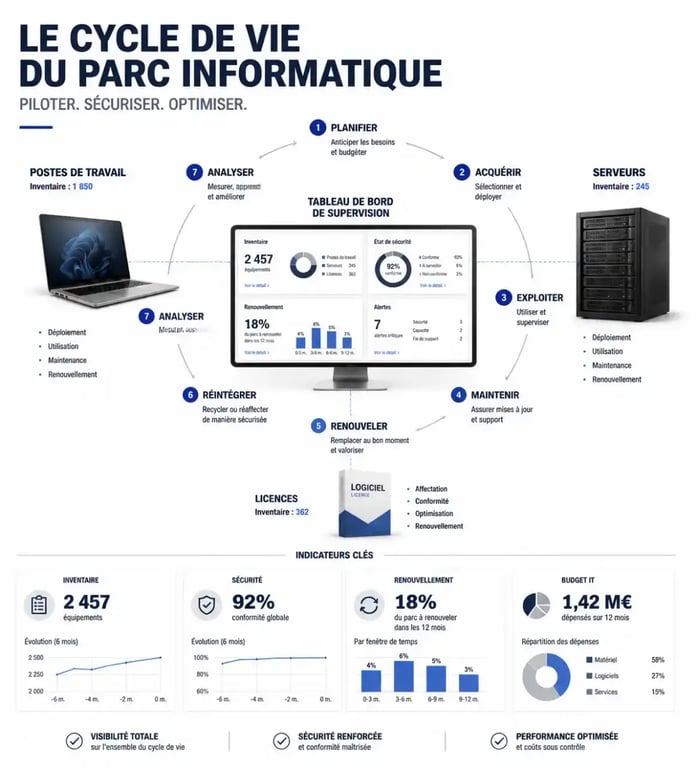 Schéma de gestion du parc informatique d'une entreprise avec supervision centralisée des équipements et licences
