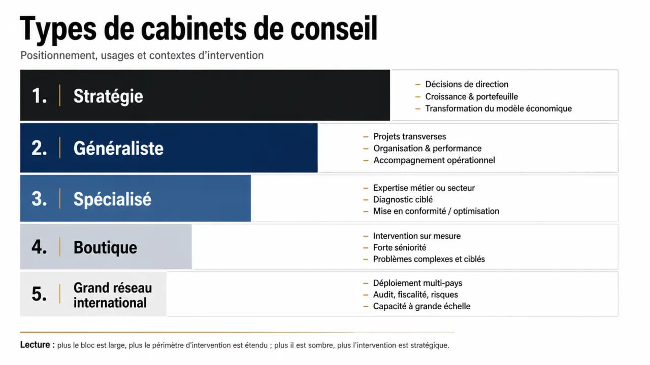 Cabinet de conseil : comparaison visuelle des principaux types de cabinets et de leurs usages