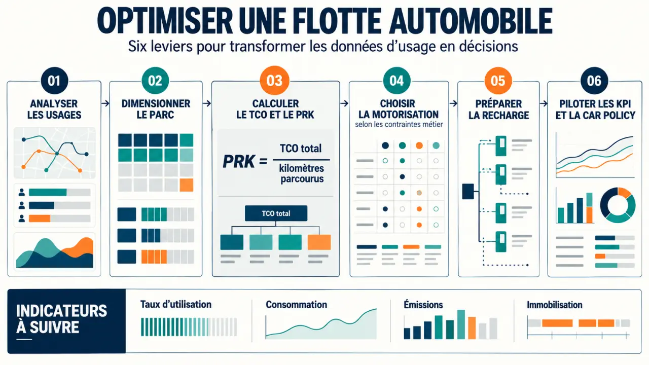 Infographie sur l'optimisation flotte automobile, le TCO, le PRK et les principaux KPI de pilotage