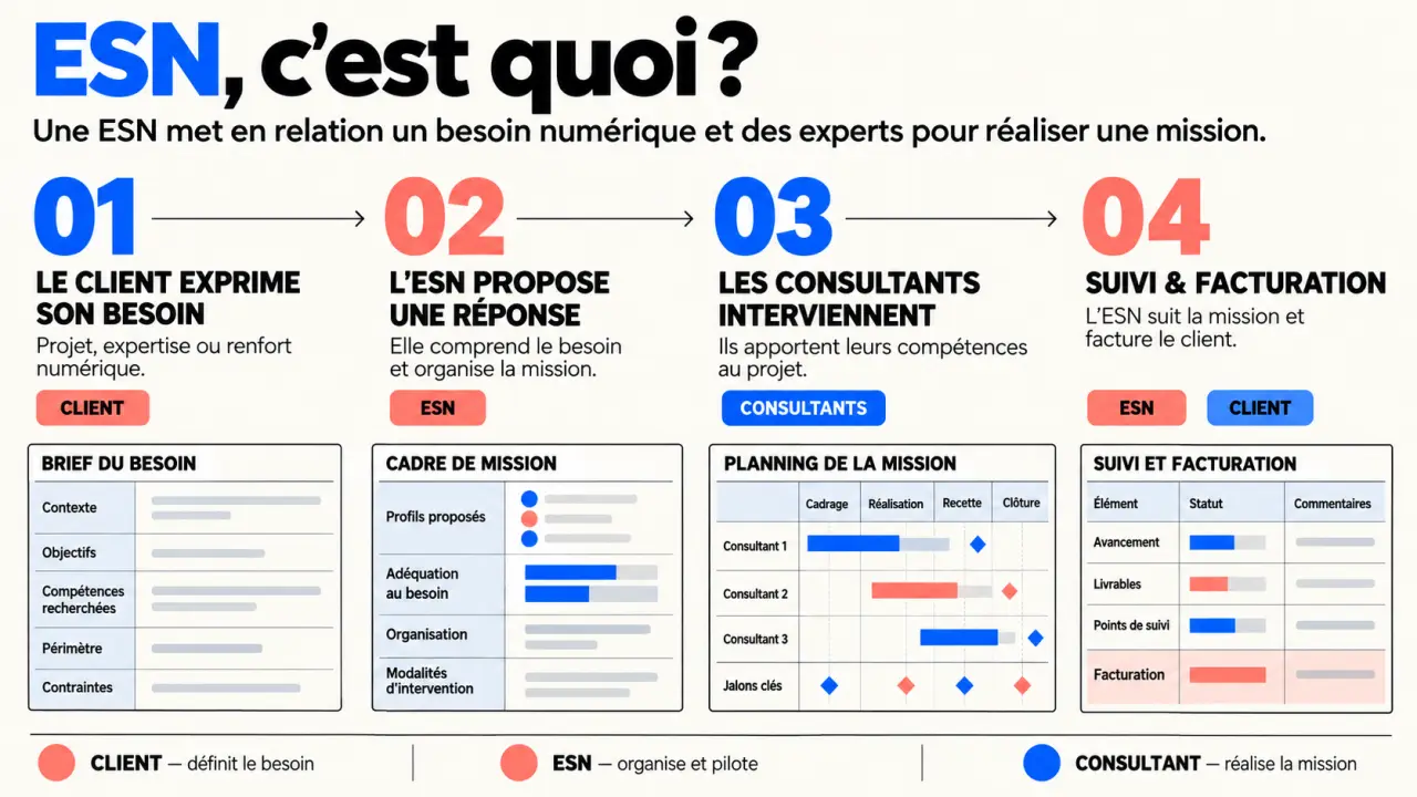 Infographie expliquant une ESN, c’est quoi et comment fonctionne une entreprise de services du numérique
